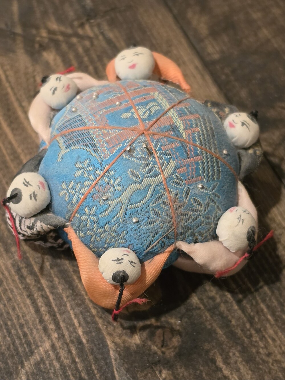 Vtg Chinese Silk Brocade Pin Cushion 6 Lucky Babies Children Dolls Mid Century